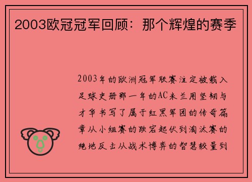 2003欧冠冠军回顾：那个辉煌的赛季