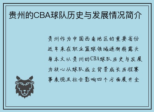 贵州的CBA球队历史与发展情况简介